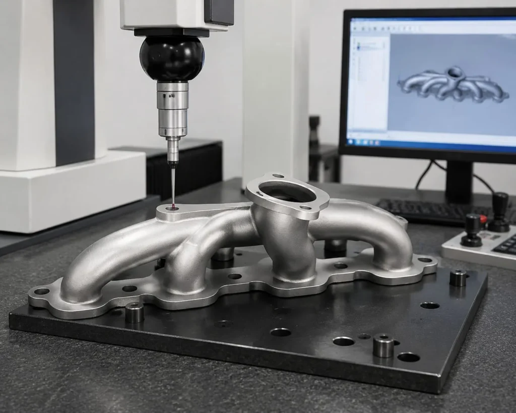Turbo exhaust manifold positioned for dimensional inspection