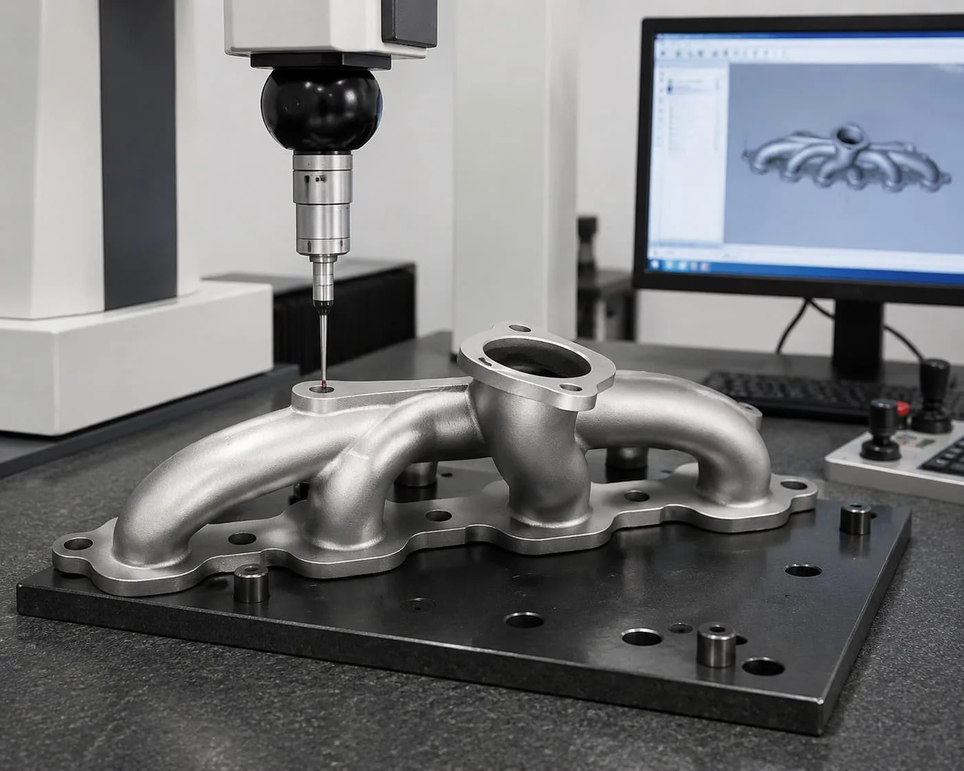 Turbo exhaust manifold positioned for dimensional inspection