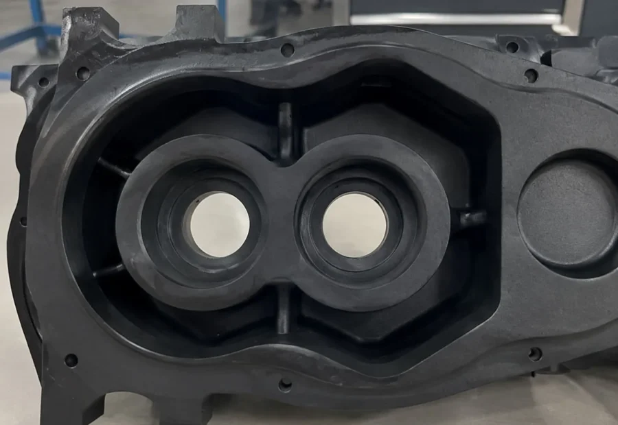 Finished coated A356 die-cast equipment housing viewed from the front
