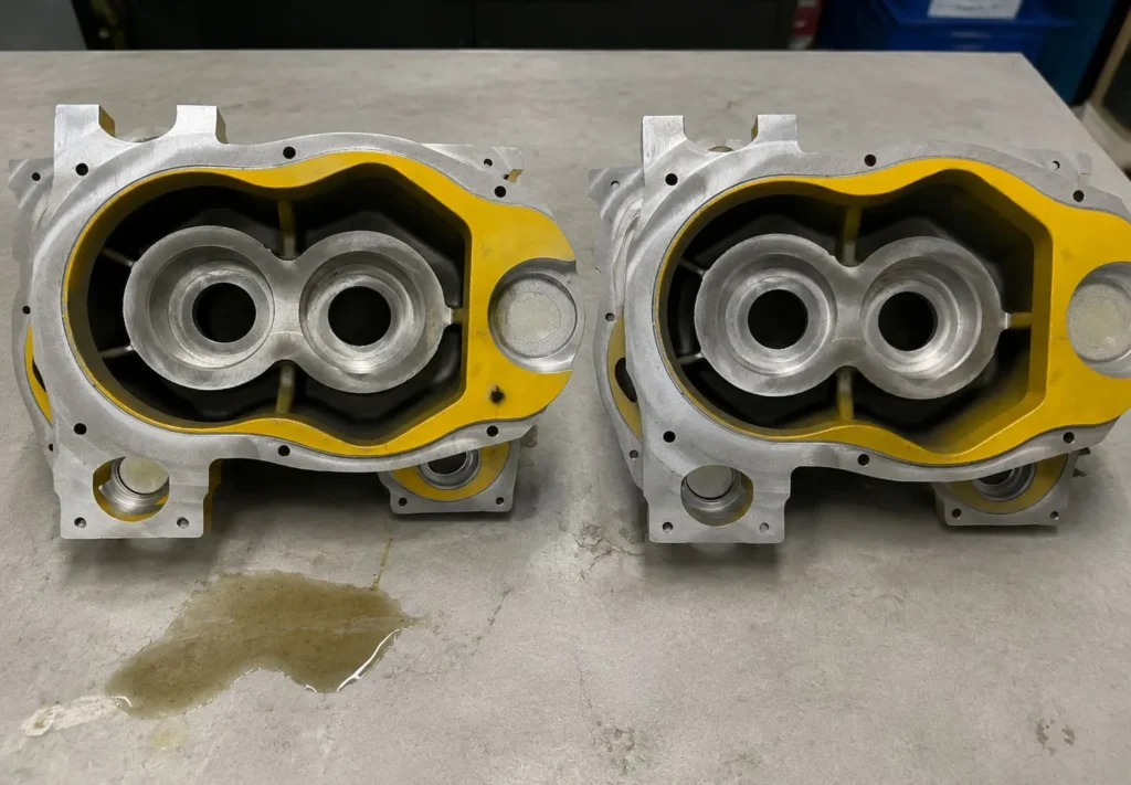 Two equipment housings with visible fluid evidence below one component