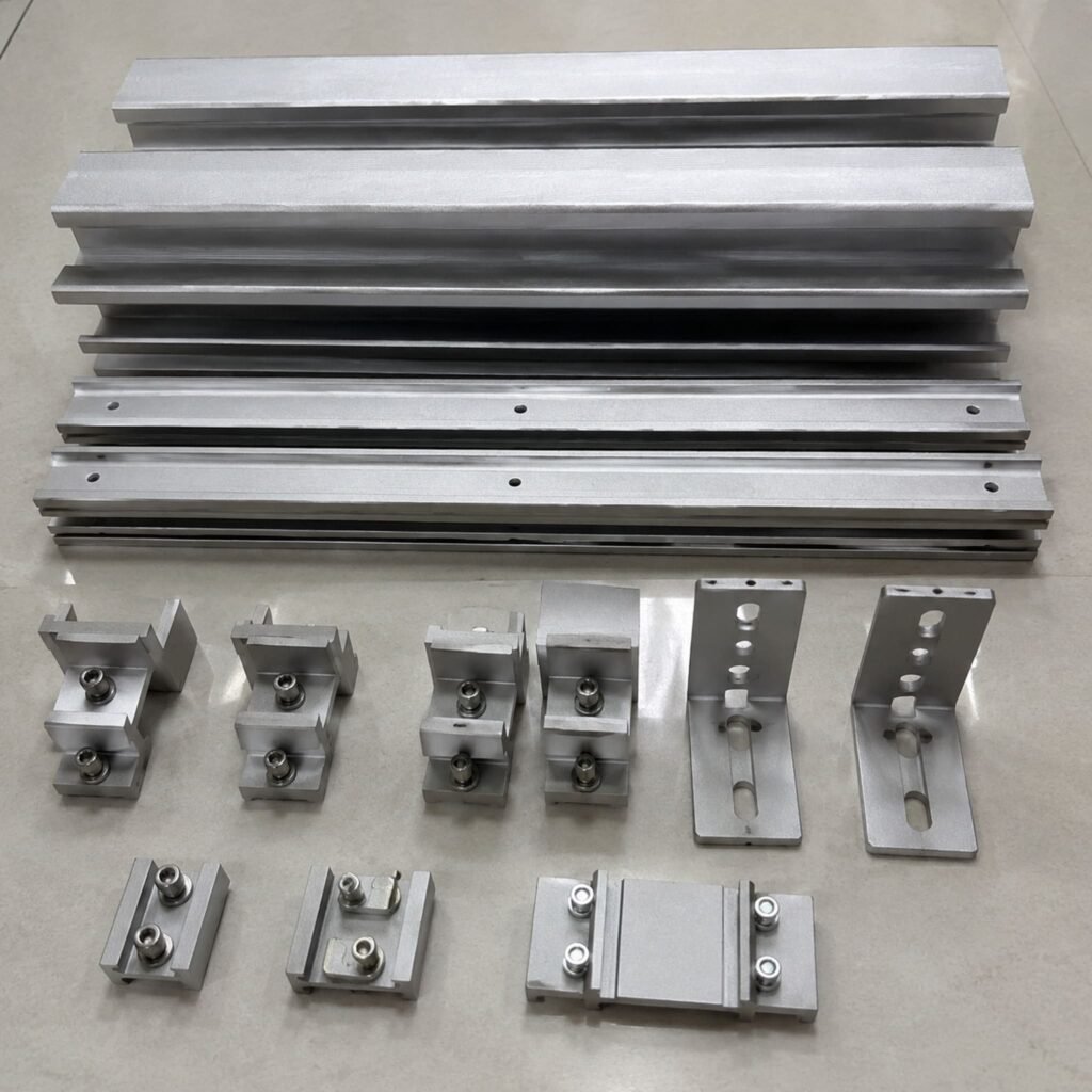 A380 aluminum die-cast solar mounting hardware components arranged as a set