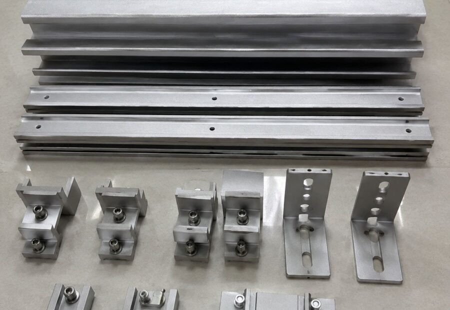 A380 aluminum die-cast solar mounting hardware components arranged as a set