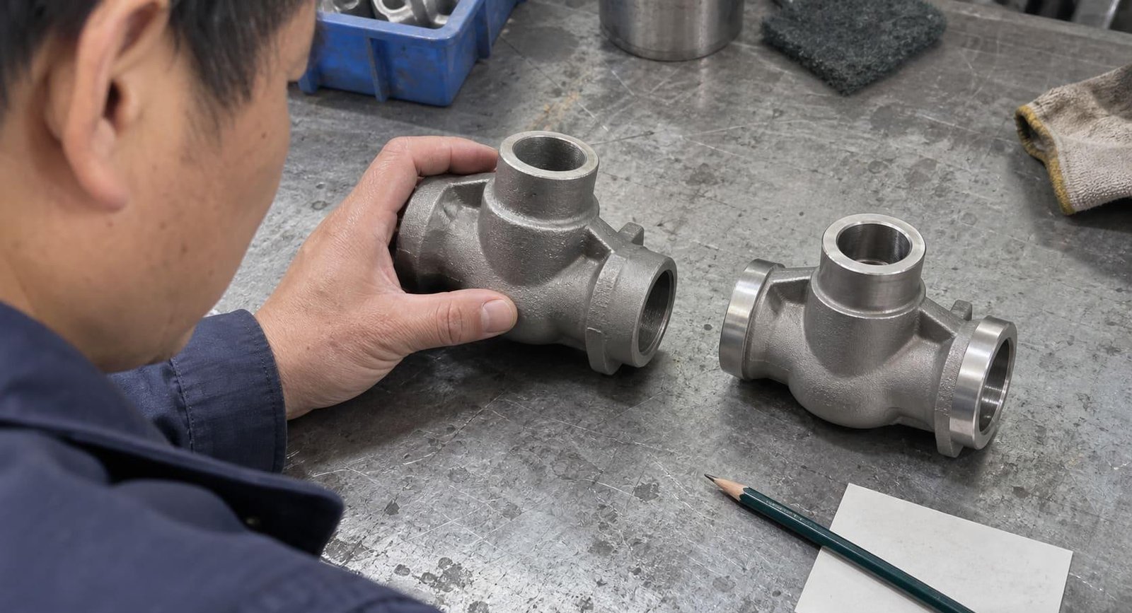 A selection of complex investment casting components for energy equipment on an inspection table