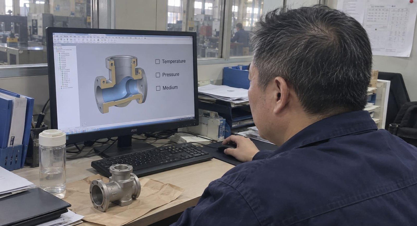 An engineer reviewing a 3D model of a valve body used in energy equipment