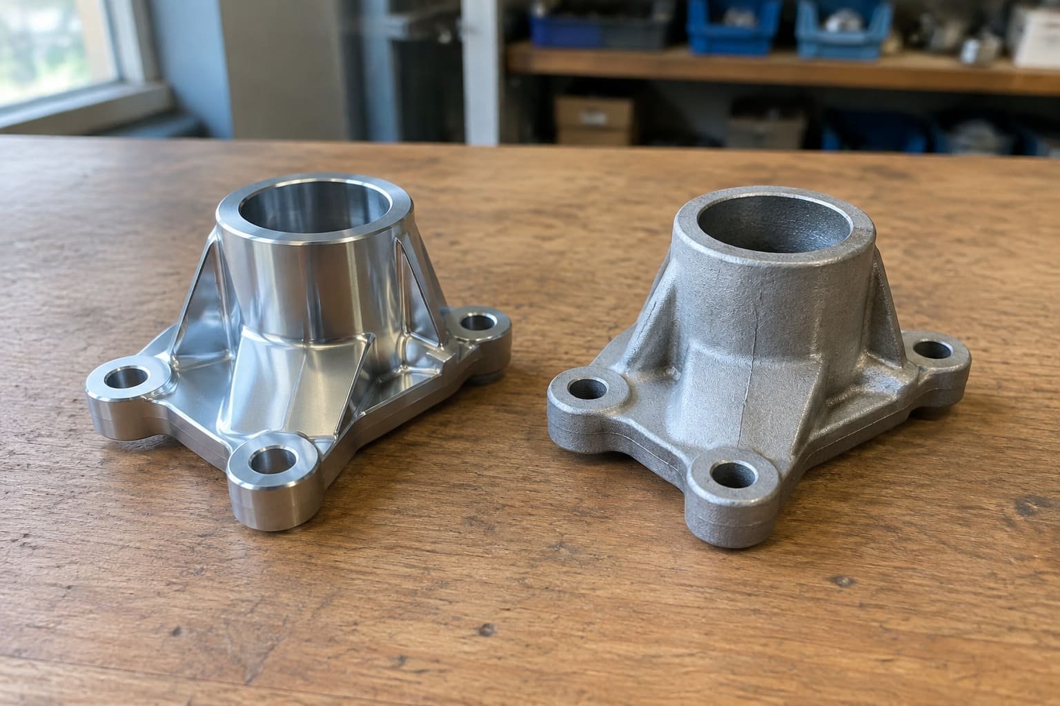 Anodized aluminum die casting part next to a complex aluminum investment casting part