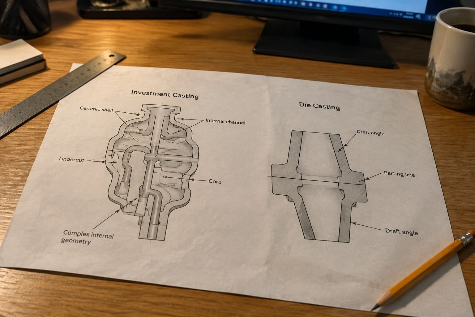 Diagram showing complex internal channels in an investment casting vs a die cast part with draft angles