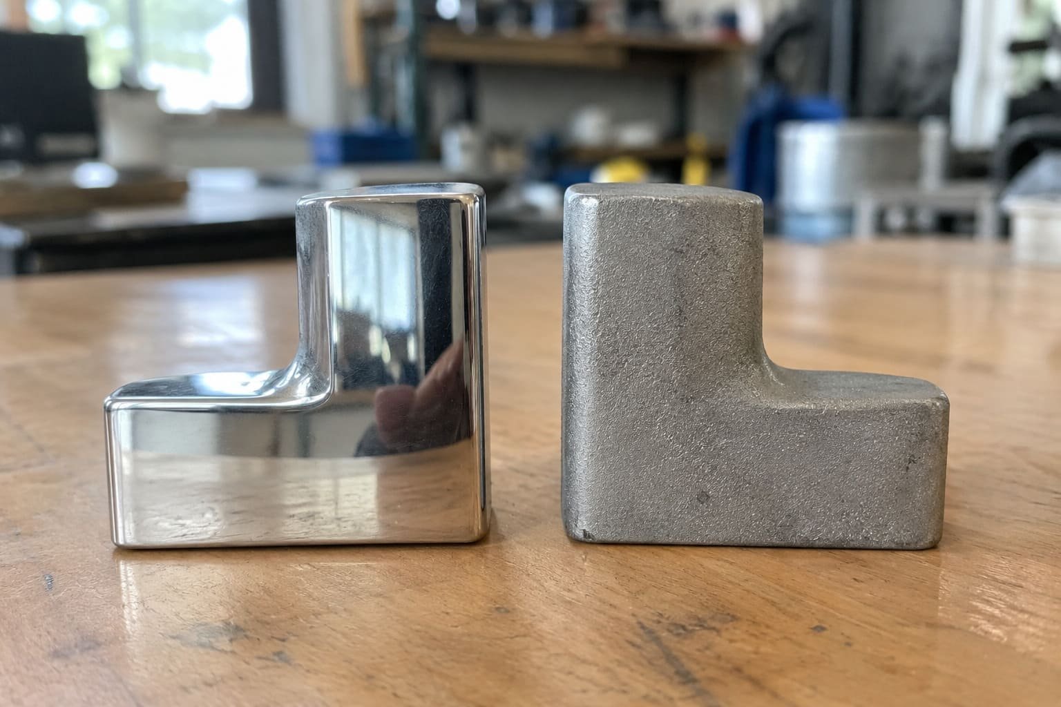 Close-up comparison of a smooth die cast surface vs a slightly rougher investment cast surface