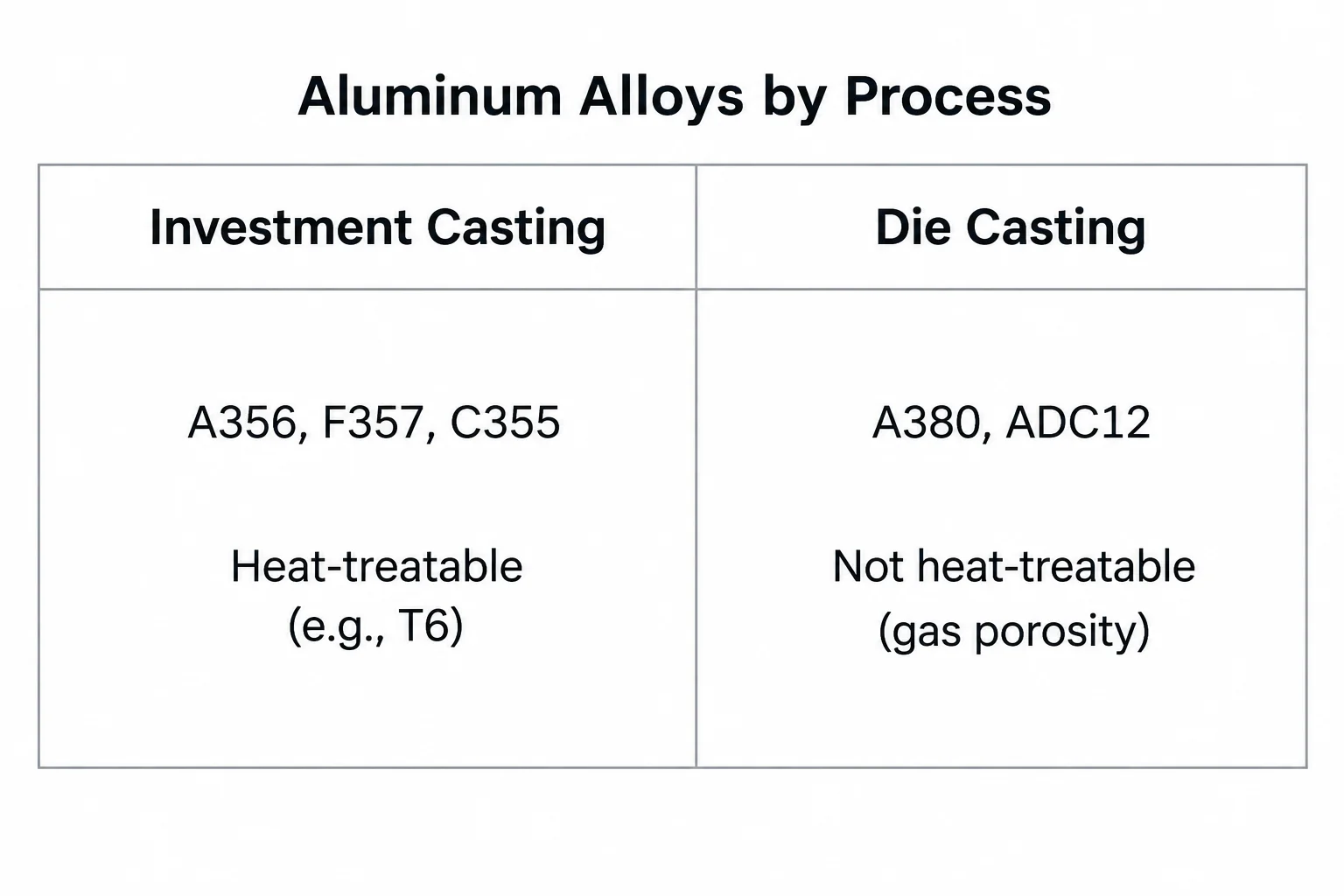 Chart showing common aluminum alloys for die casting vs investment casting