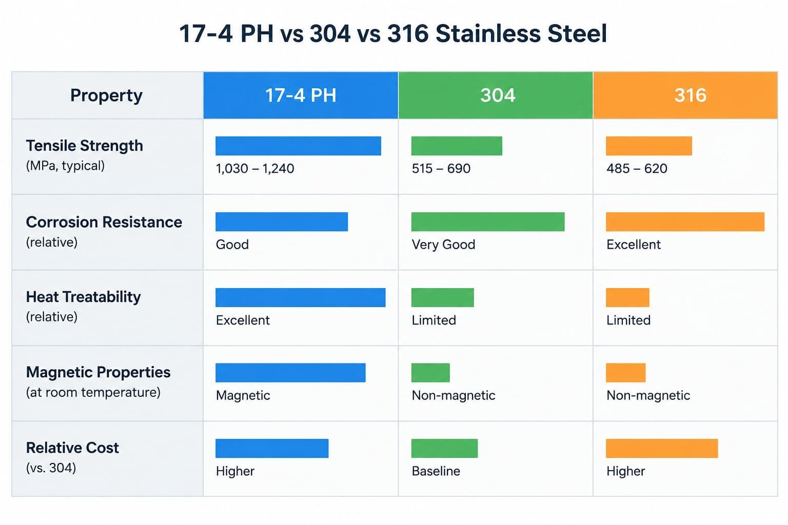 A comparison chart showing properties of 17-4 PH vs. 304 and 316 stainless steel.
