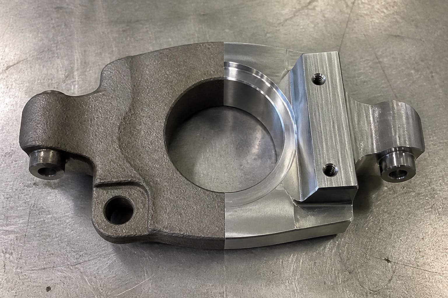 A split image showing an as-cast 17-4 PH part on one side and a fully machined version on the other.