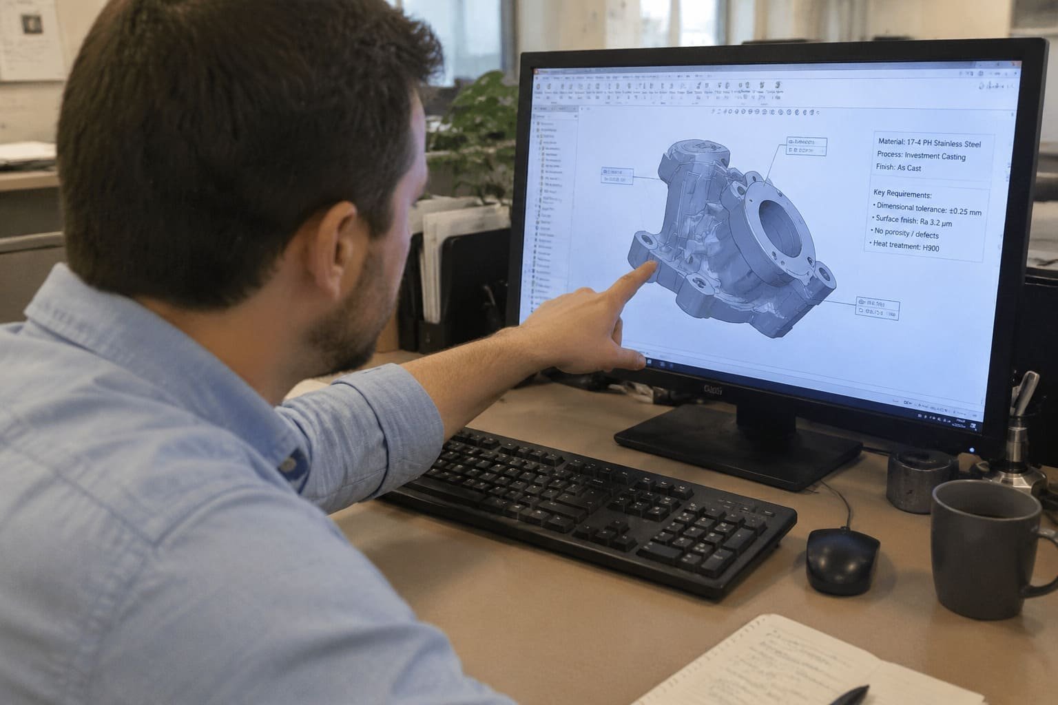 An engineer reviewing a 3D model for a 17-4 PH stainless steel investment casting project.