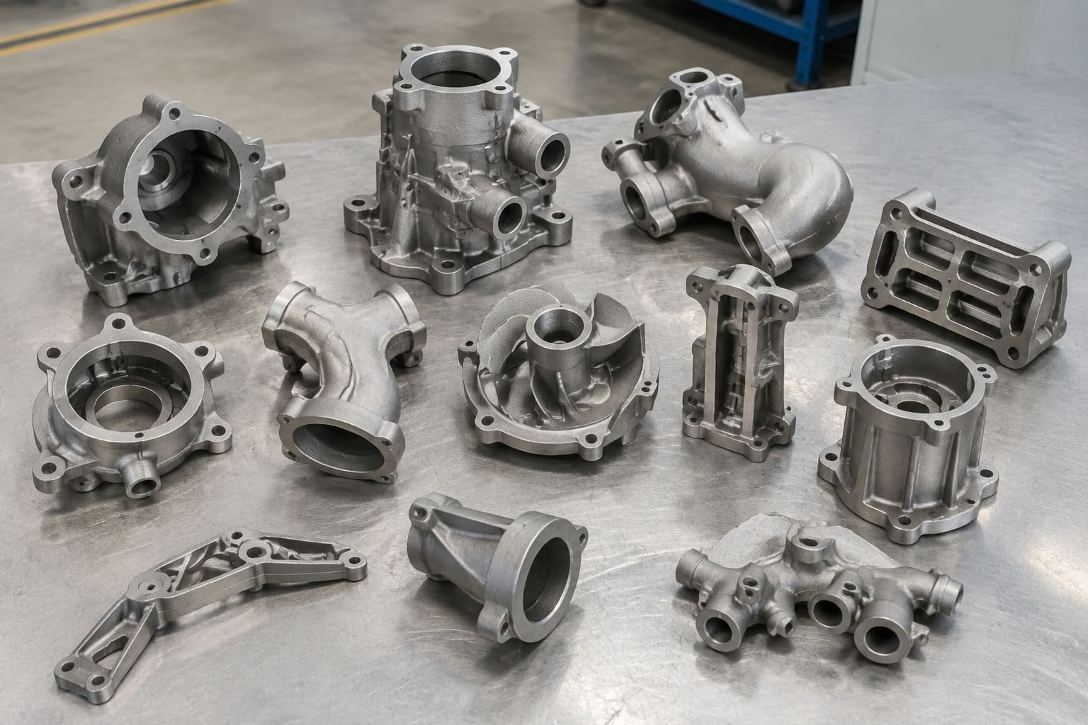 A collection of 17-4 PH stainless steel investment casting parts with complex geometries.