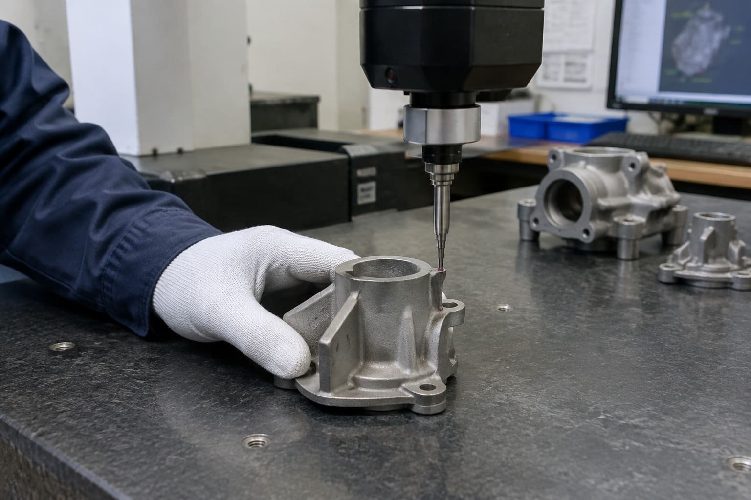 CMM probe measuring a cast housing on an inspection table.