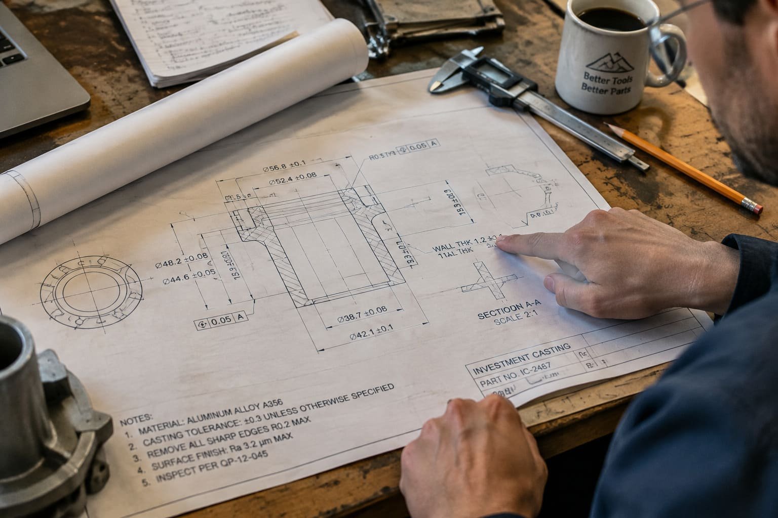 Engineer reviewing casting dimensions and tolerance notes on a technical drawing.