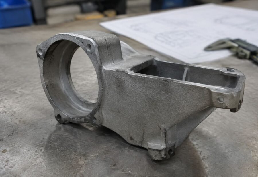 Representative cast housing beside a technical drawing and caliper.