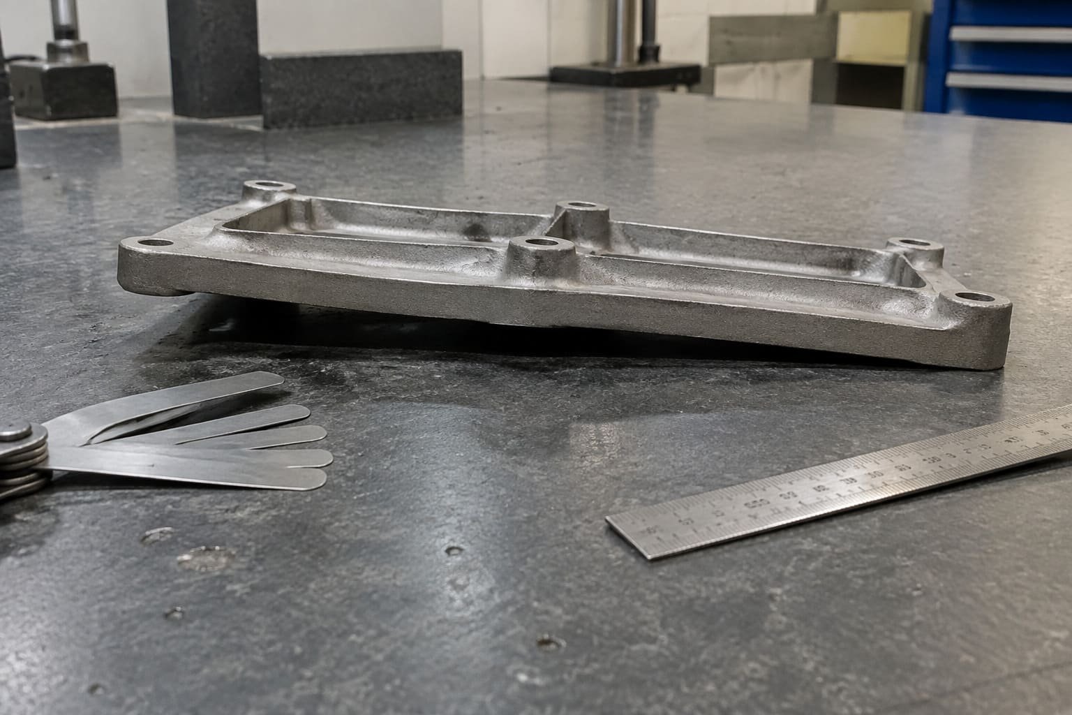 Long cast frame on an inspection surface with feeler gauges and a ruler.