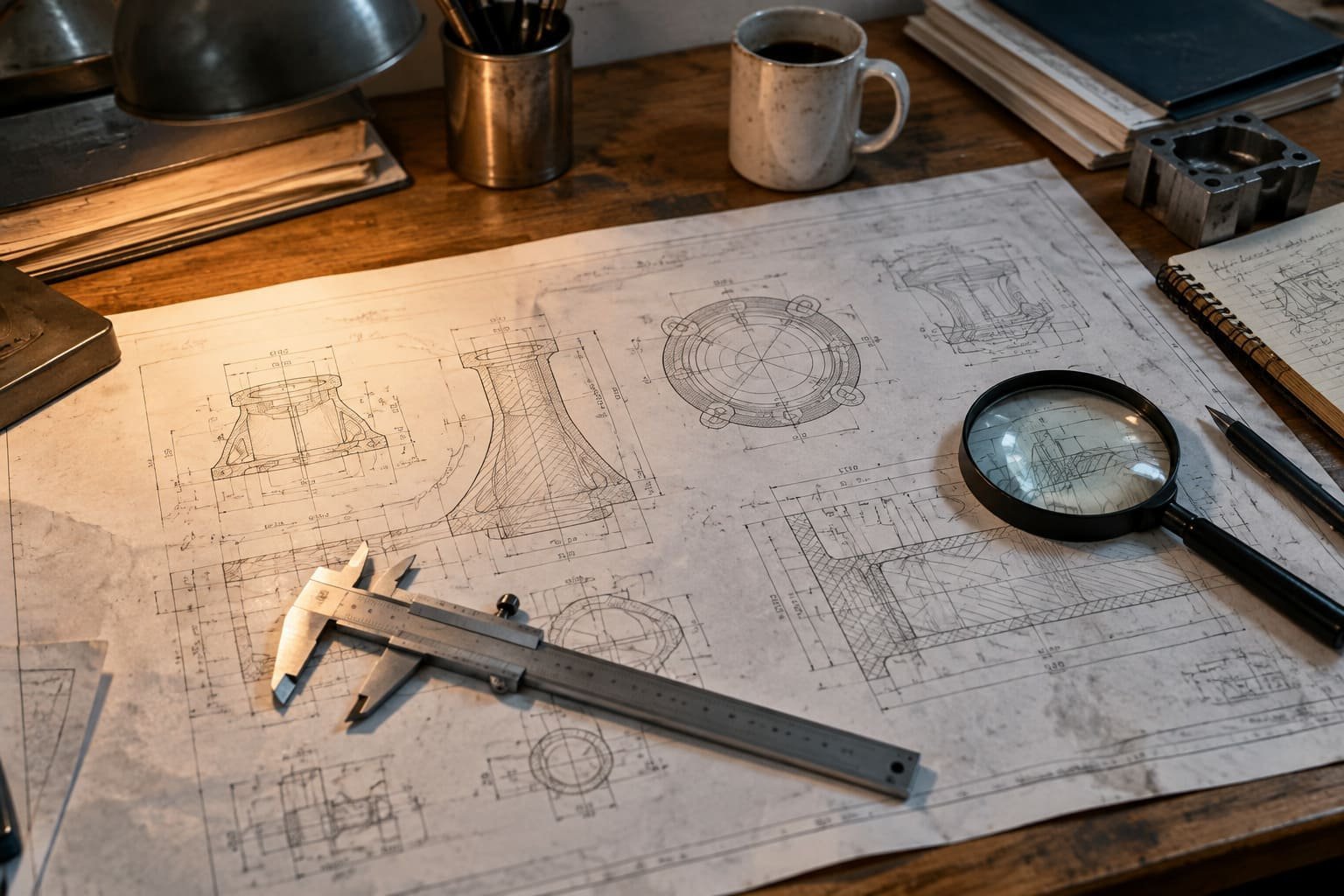 Technical drawing, caliper and magnifier arranged for casting design review.