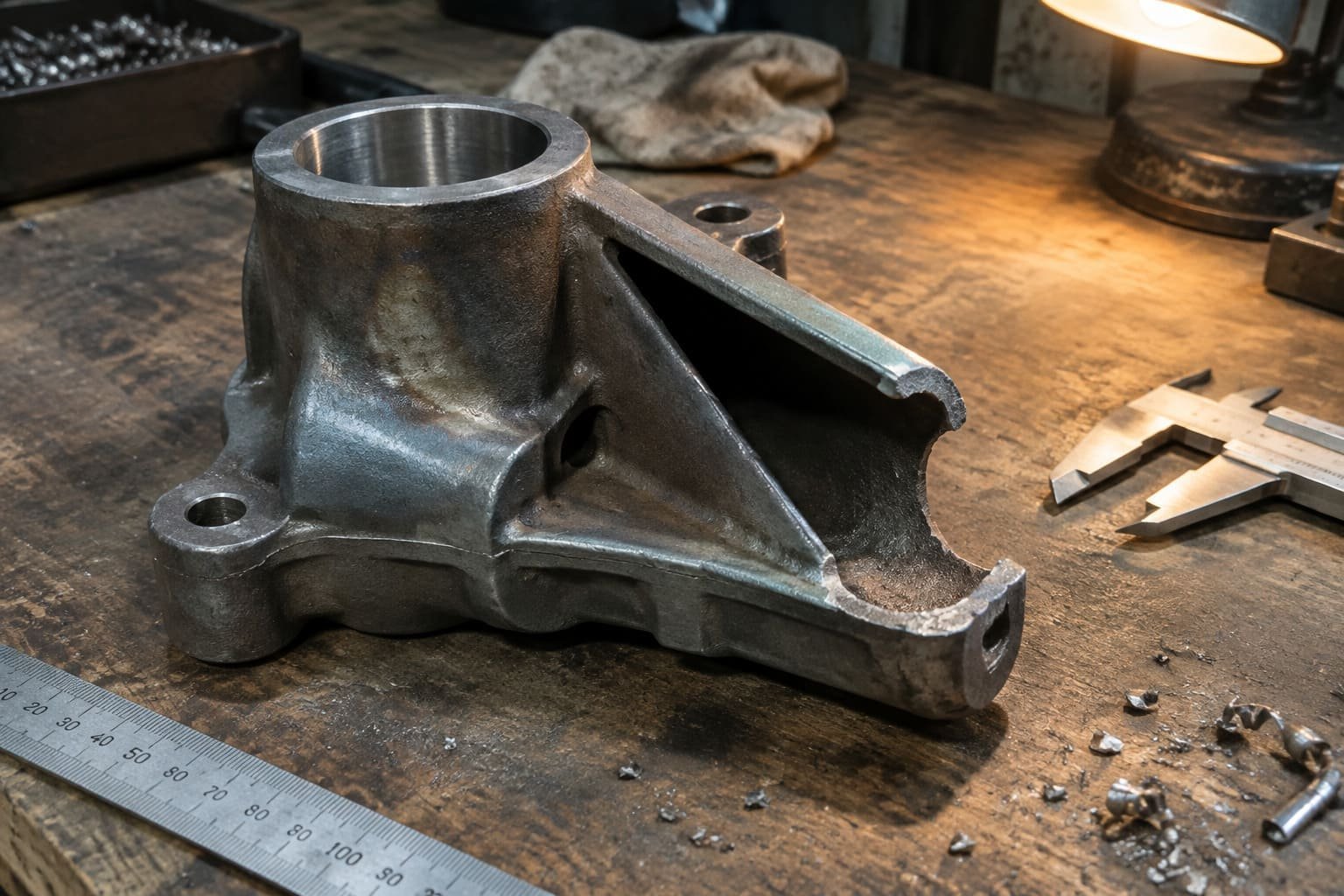 Cutaway cast bracket with an incomplete thin section near the open edge.