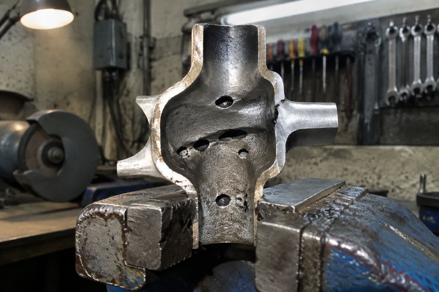 Sectioned casting with several visible void-like indications in a thick junction.