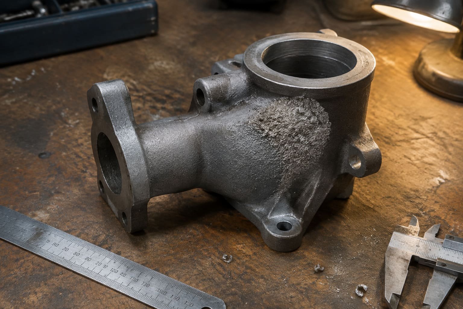 Cast housing with a localized rough surface patch near a machined opening.