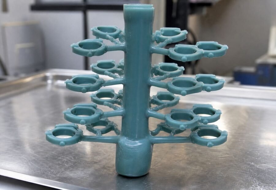 Wax patterns assembled around a central sprue for investment casting