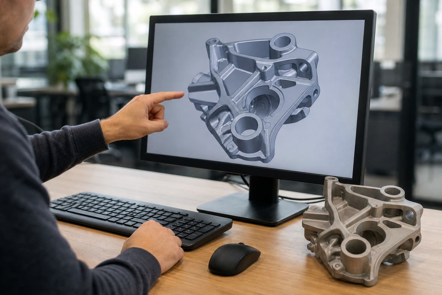 A product engineer reviewing a 3D model to decide between investment casting and die casting