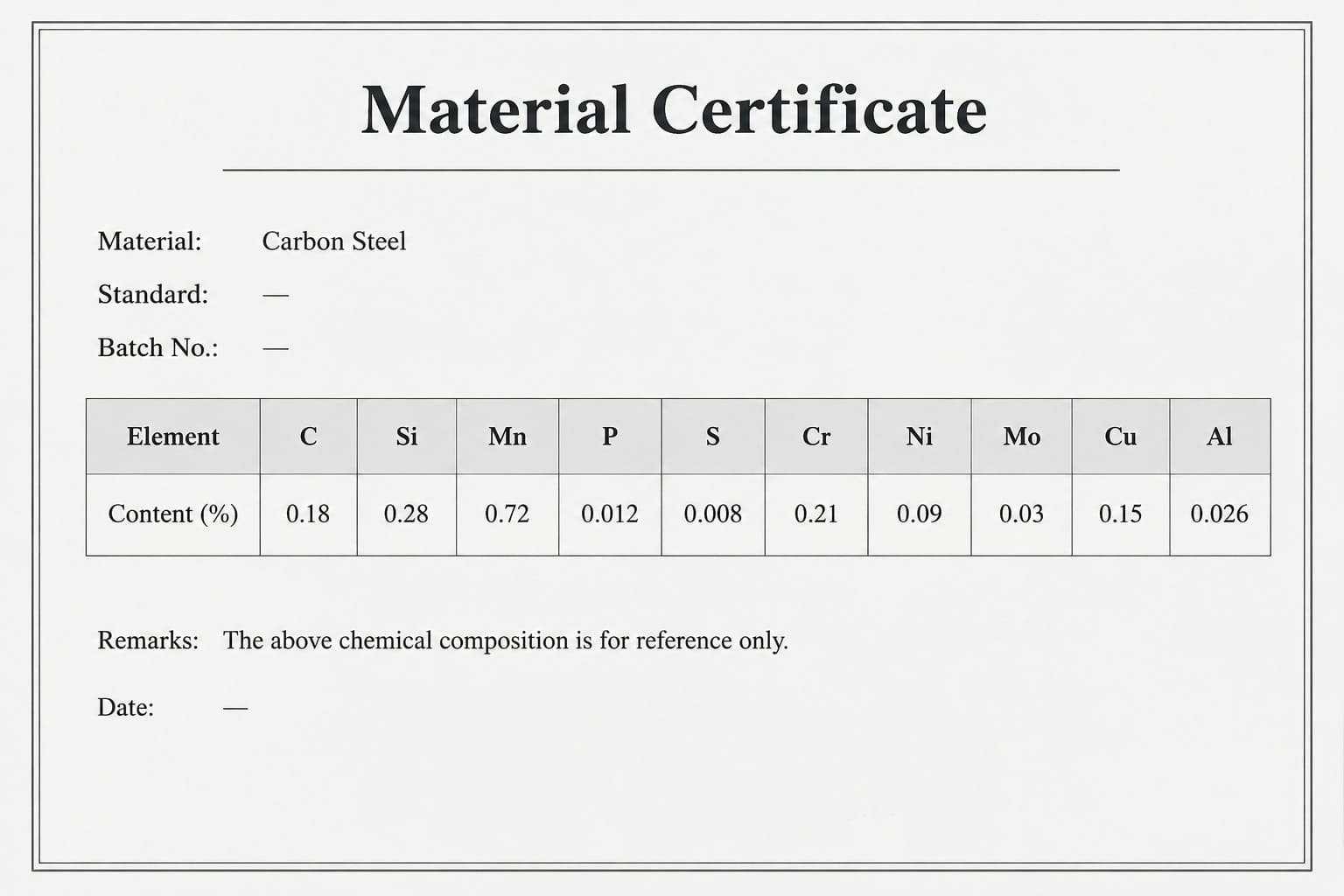 A close-up of a material certificate showing chemical composition for a carbon steel grade