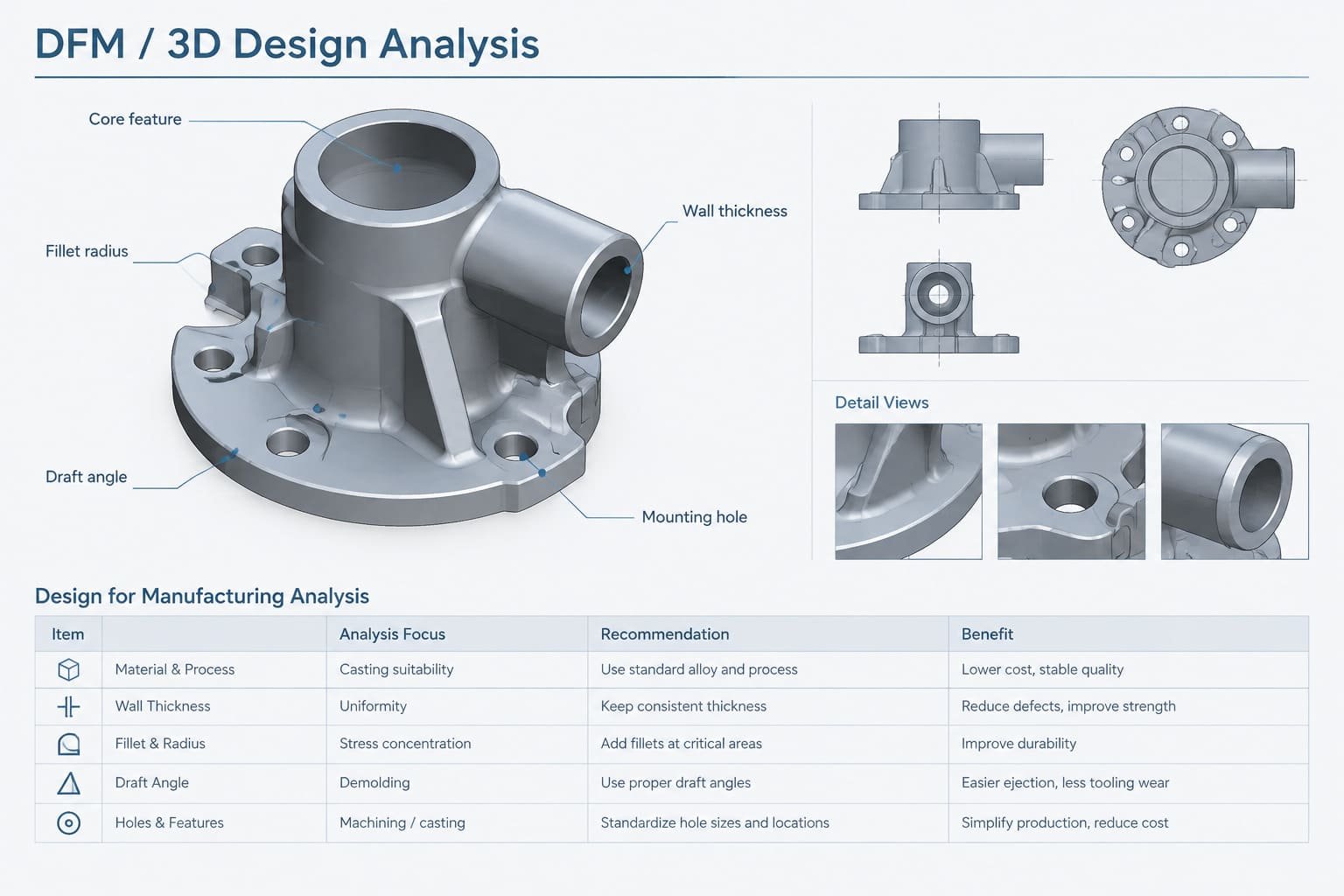 A 3D model of a casting showing DFM analysis with color-coded wall thickness