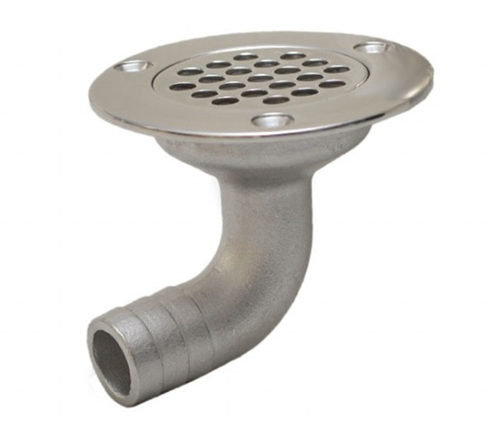 Three-hole marine deck drain with perforated grate and 90-degree hose outlet