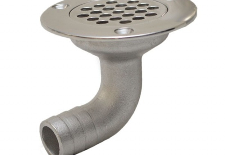 Three-hole marine deck drain with perforated grate and 90-degree hose outlet