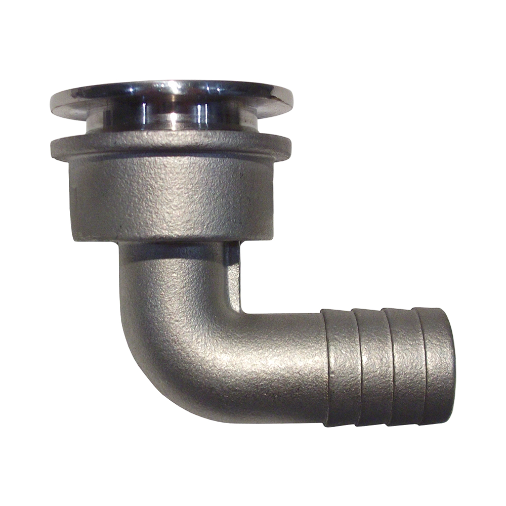 Side view of a marine deck drain version showing the 90-degree barbed hose tail