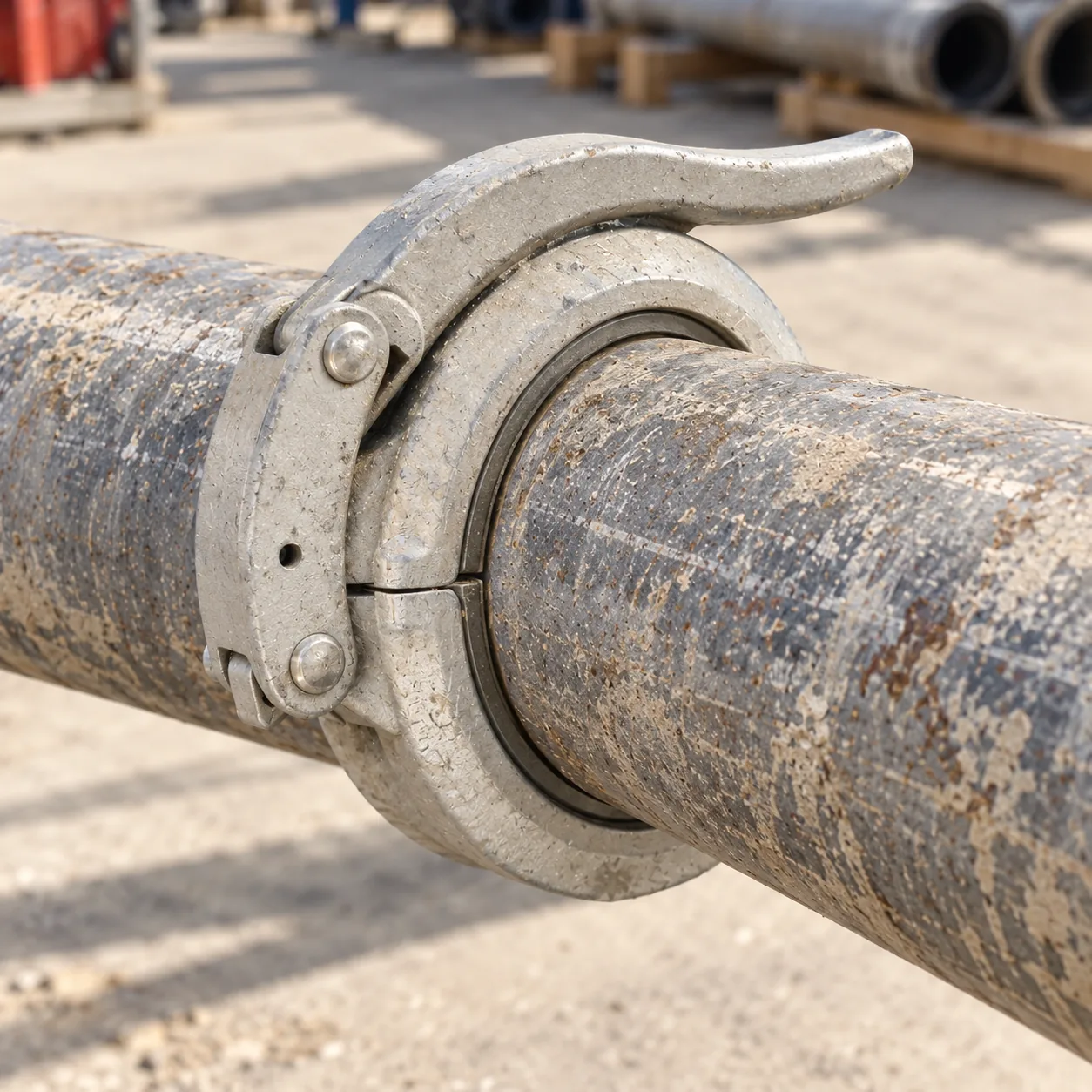 Representative visualization of a quick-release clamp around a concrete pump pipe joint