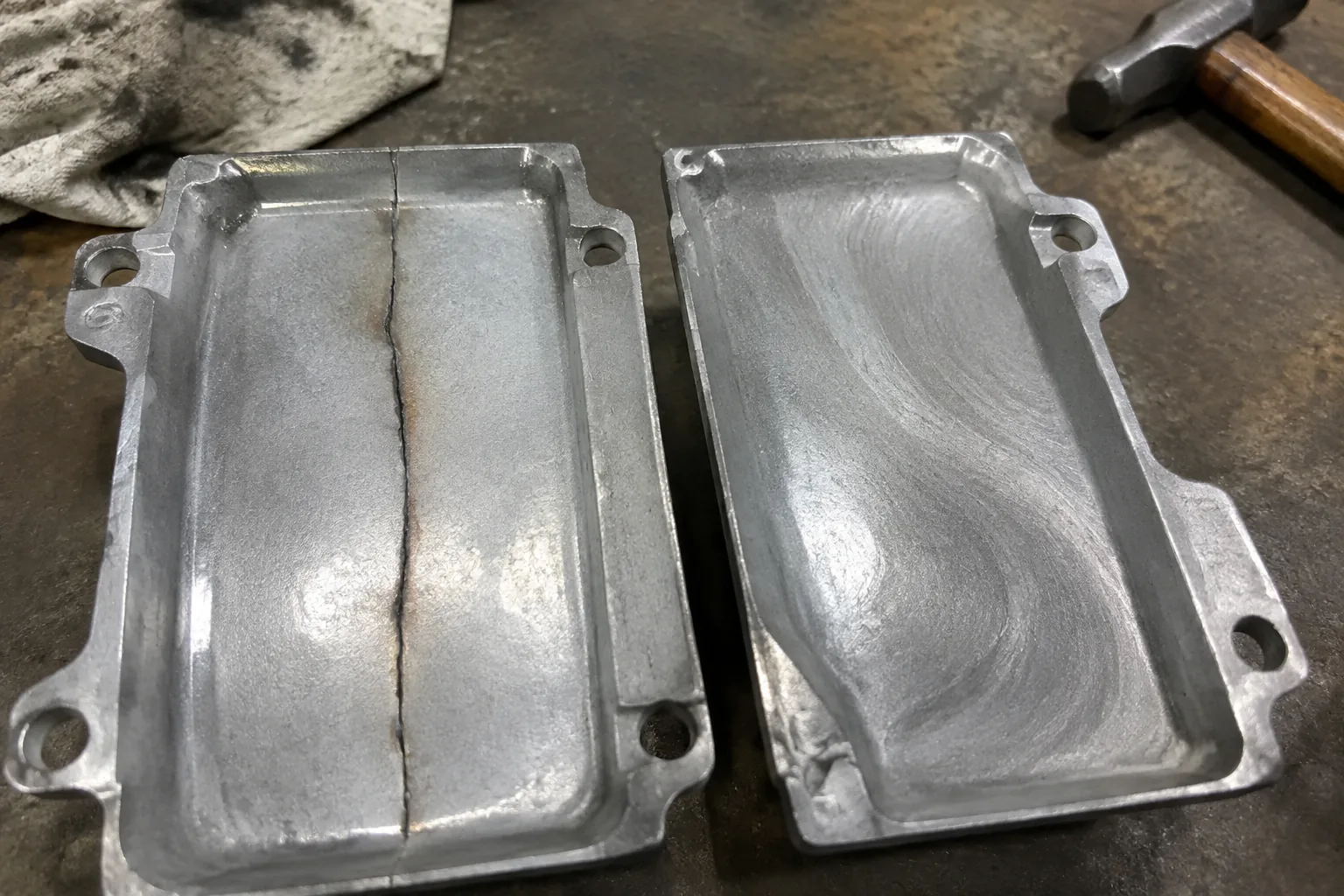 Image comparing a harmful cold shut (a sharp line) versus a cosmetic flow line on a casting surface