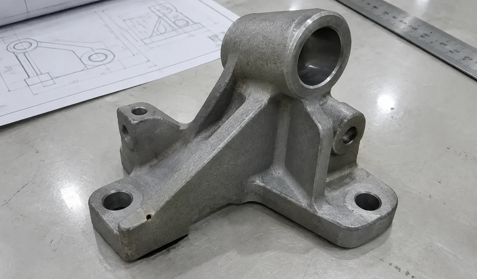 As-cast metal bracket beside an engineering drawing during part review
