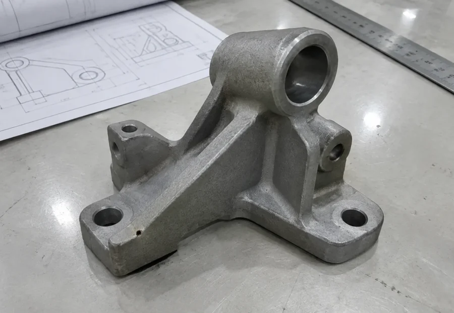 As-cast metal bracket beside an engineering drawing during part review