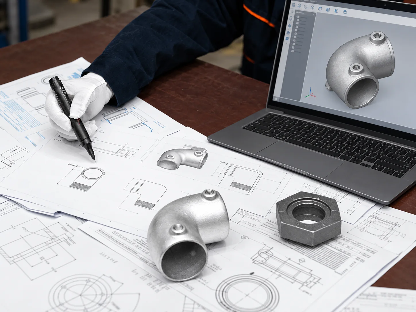 Engineer reviewing an engineering drawing beside a 3D CAD model on a laptop, with casting samples on the table